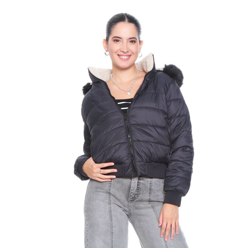 Parka Manga Larga Con Piel En Capucha Bolsillos Con Cierres-0