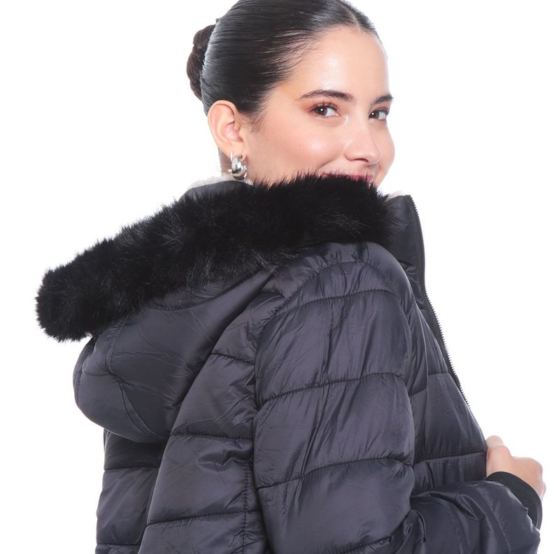 Parka Manga Larga Con Piel En Capucha Bolsillos Con Cierres-1