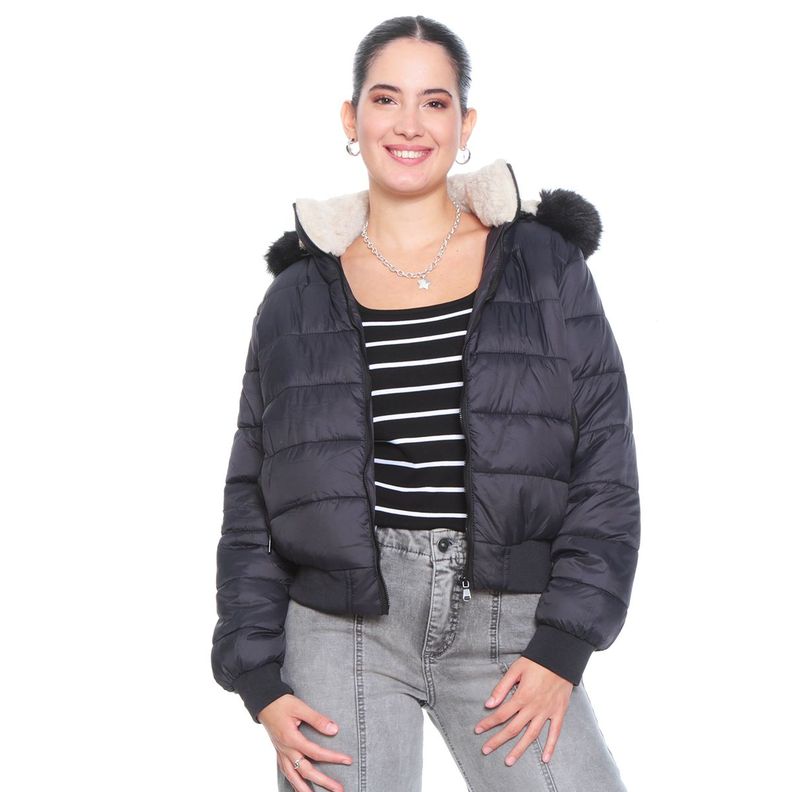 Parka Manga Larga Con Piel En Capucha Bolsillos Con Cierres-5