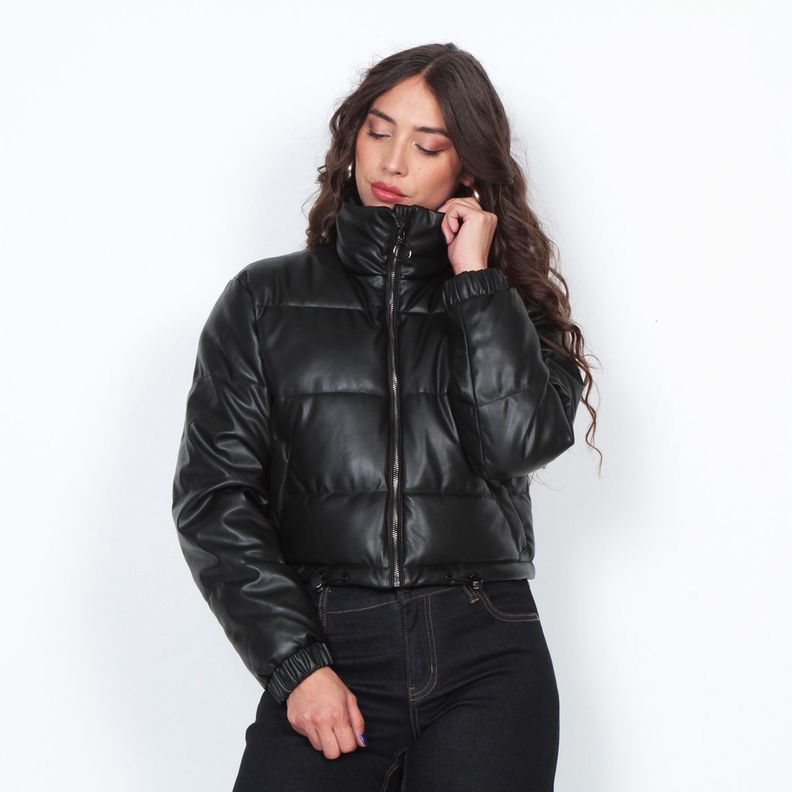Parka Pufefer Eco Cuero Cropped Manga Larga Con Cintura Ajustable-0