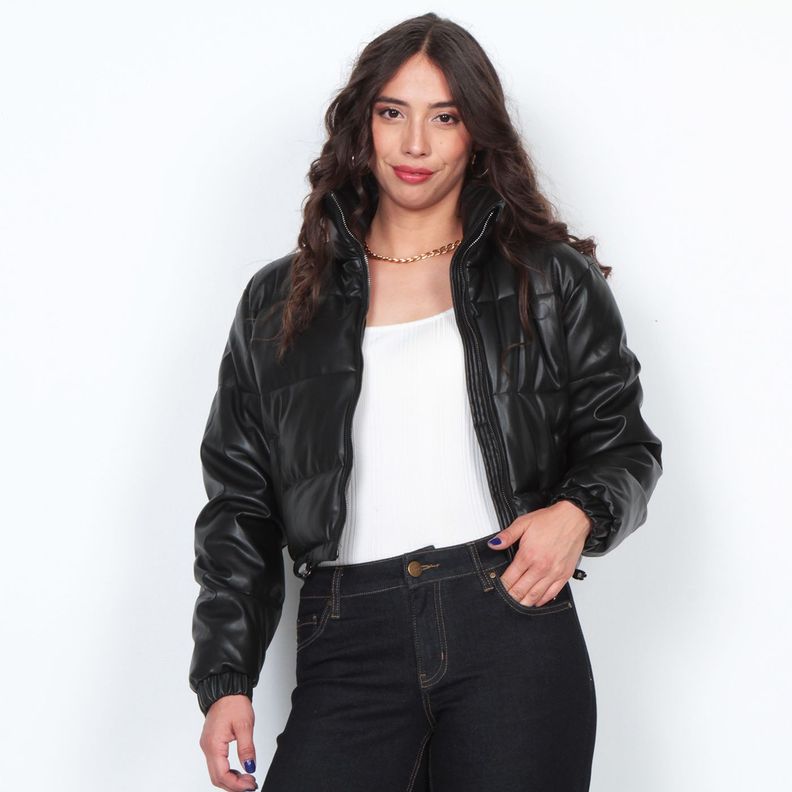 Parka Pufefer Eco Cuero Cropped Manga Larga Con Cintura Ajustable-4