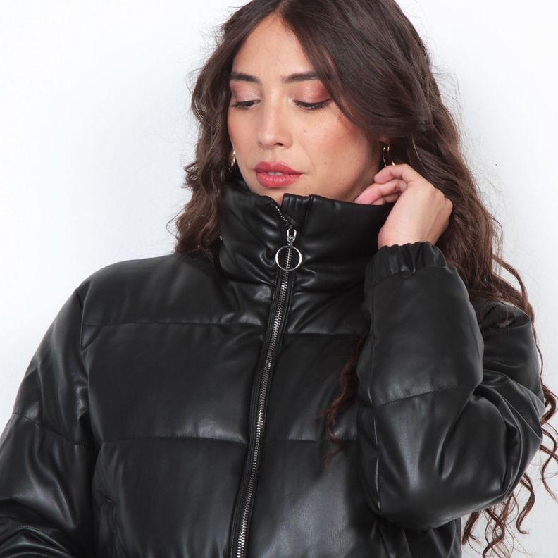 Parka Pufefer Eco Cuero Cropped Manga Larga Con Cintura Ajustable-5