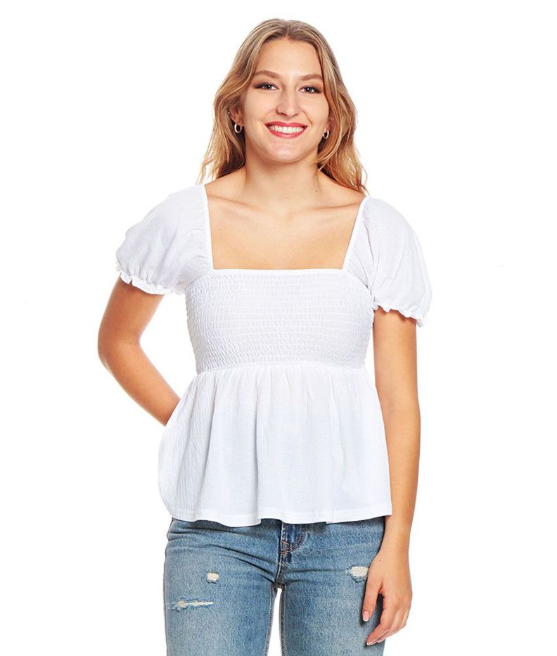 Blusa Manga Corta Globo Solida Escote Cuadrado Elasticado-0