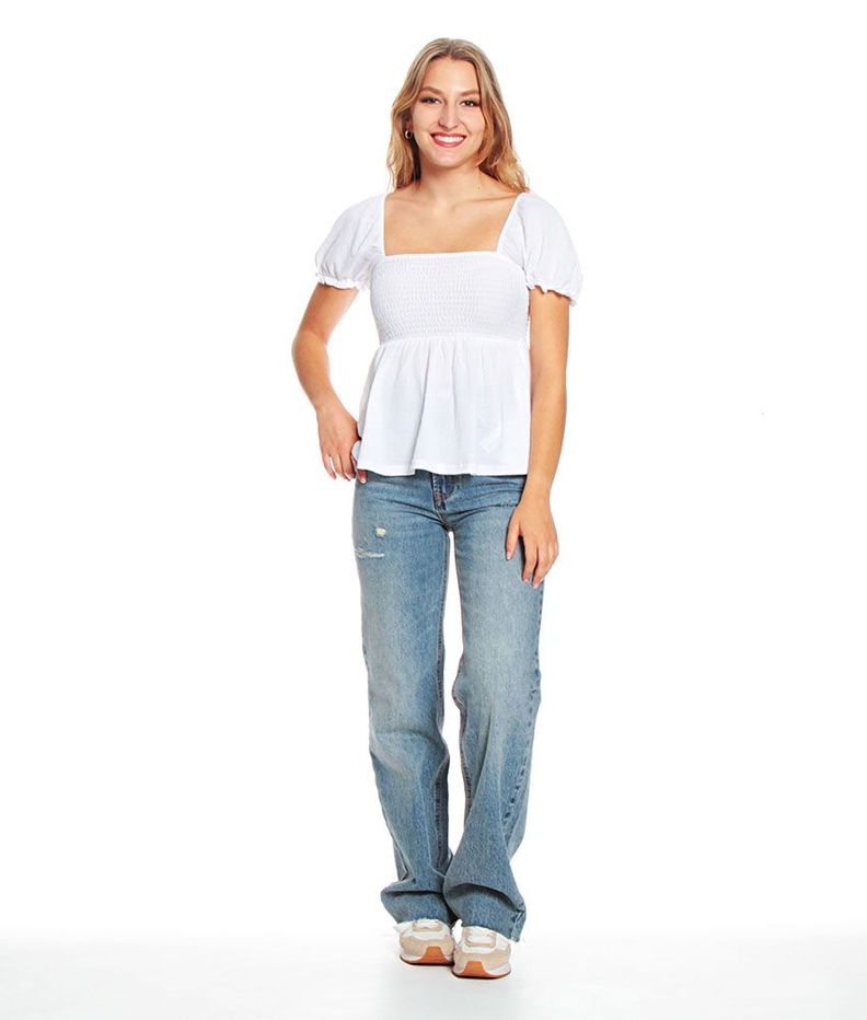 Blusa Manga Corta Globo Solida Escote Cuadrado Elasticado-1