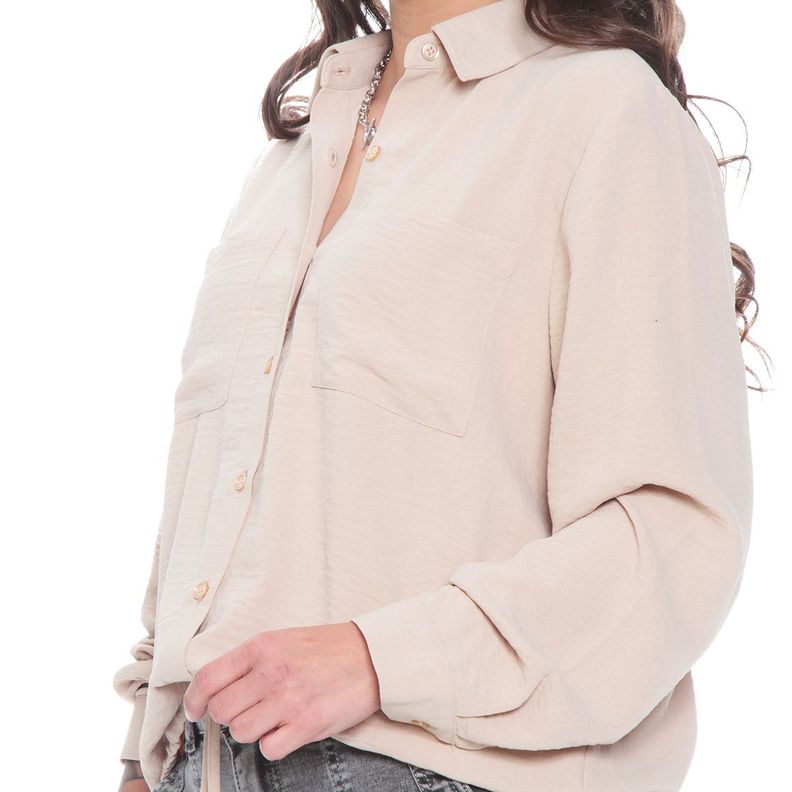 Blusa Manga Larga Solida Con Cintura Ajustable Y Bolsillos-1