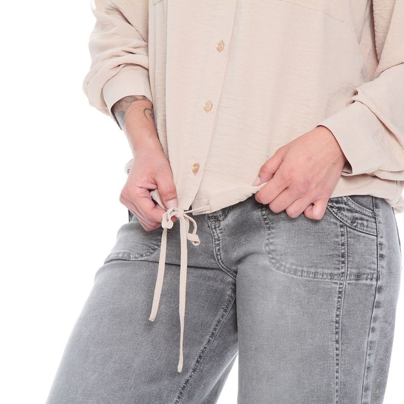 Blusa Manga Larga Solida Con Cintura Ajustable Y Bolsillos-2