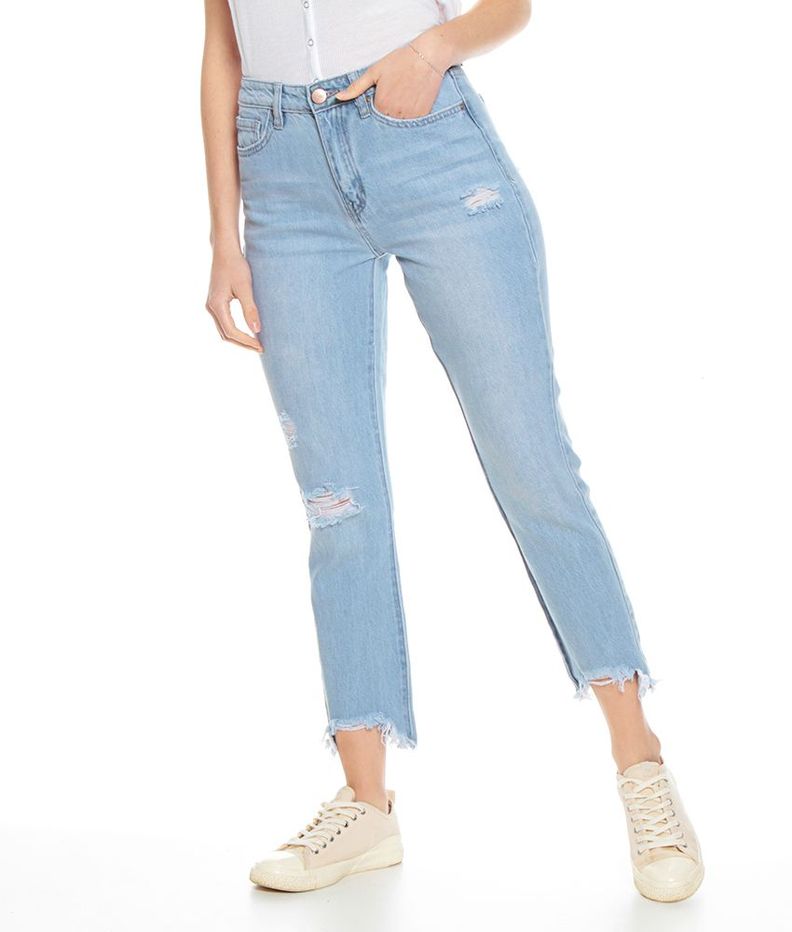 Jeans Basico Crop Tiro Alto Pretina Basica Un Boton Roturas-4