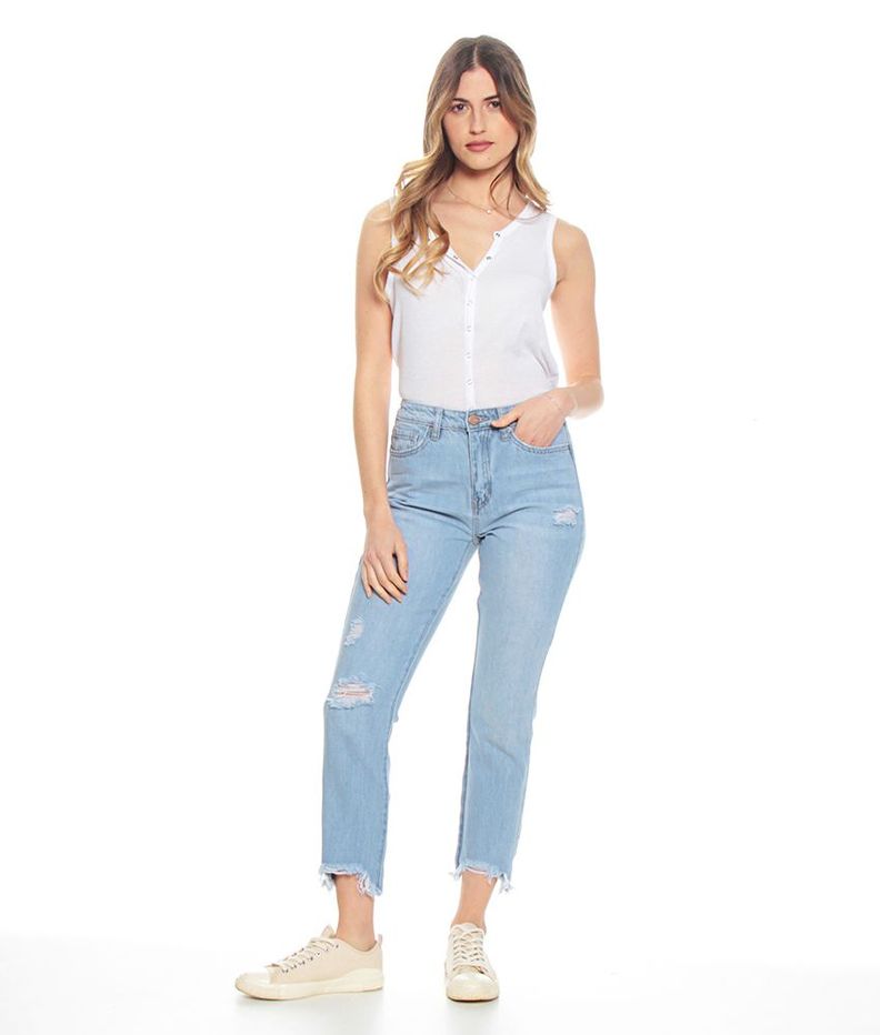 Jeans Basico Crop Tiro Alto Pretina Basica Un Boton Roturas-5