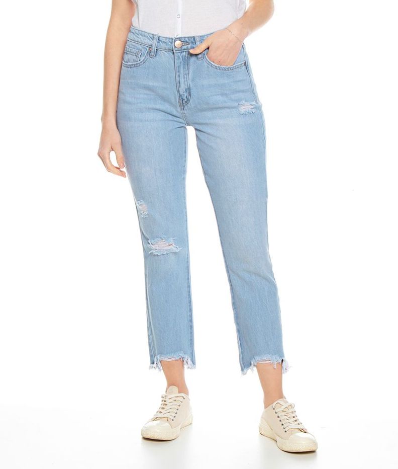 Jeans Basico Crop Tiro Alto Pretina Basica Un Boton Roturas-0