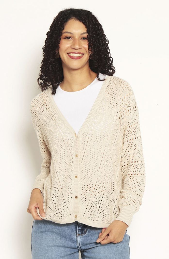Chaleco Manga Larga Escote V Abotonado En  Delantero Beige S