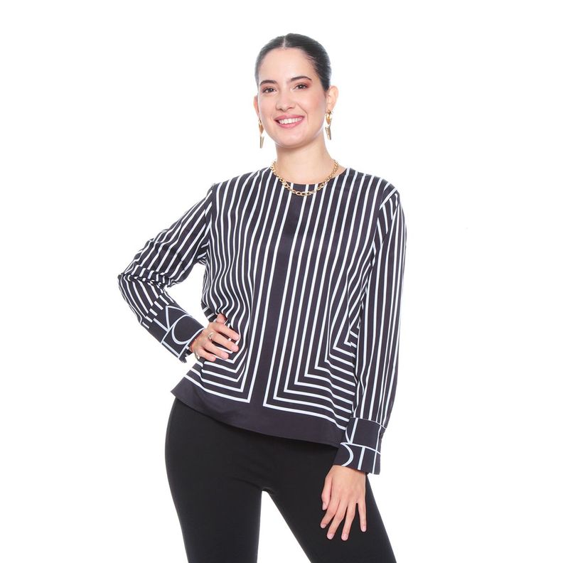 Blusa Manga Larga Listada Escote Redondo-0