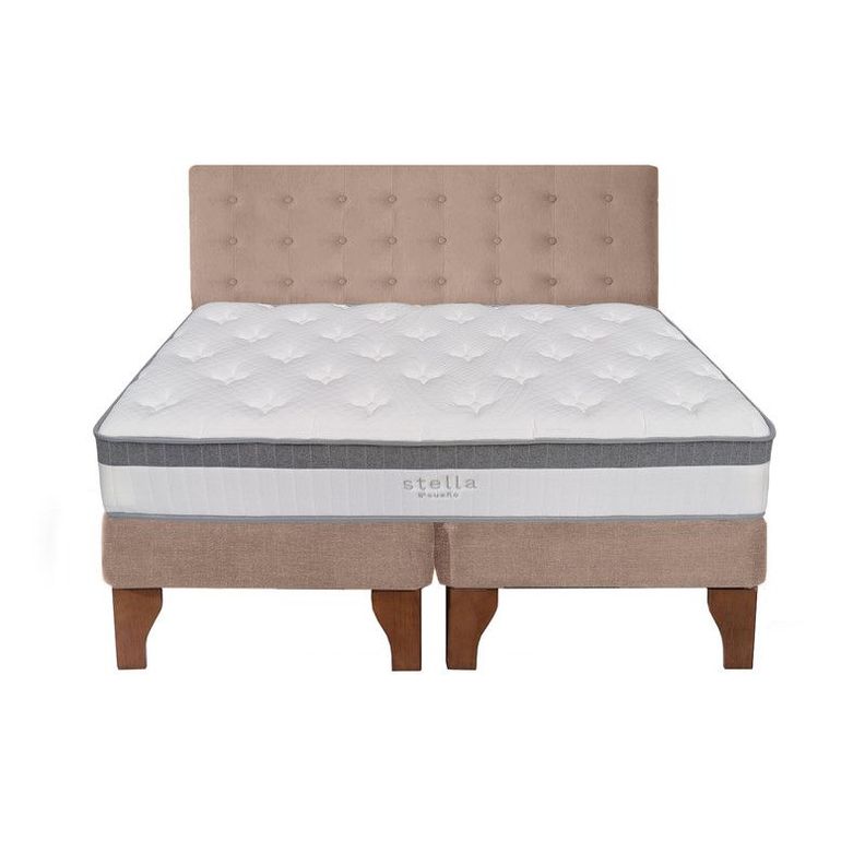 Cama Europea Stella 2 Plazas + Respaldo Capitone Madera Beige