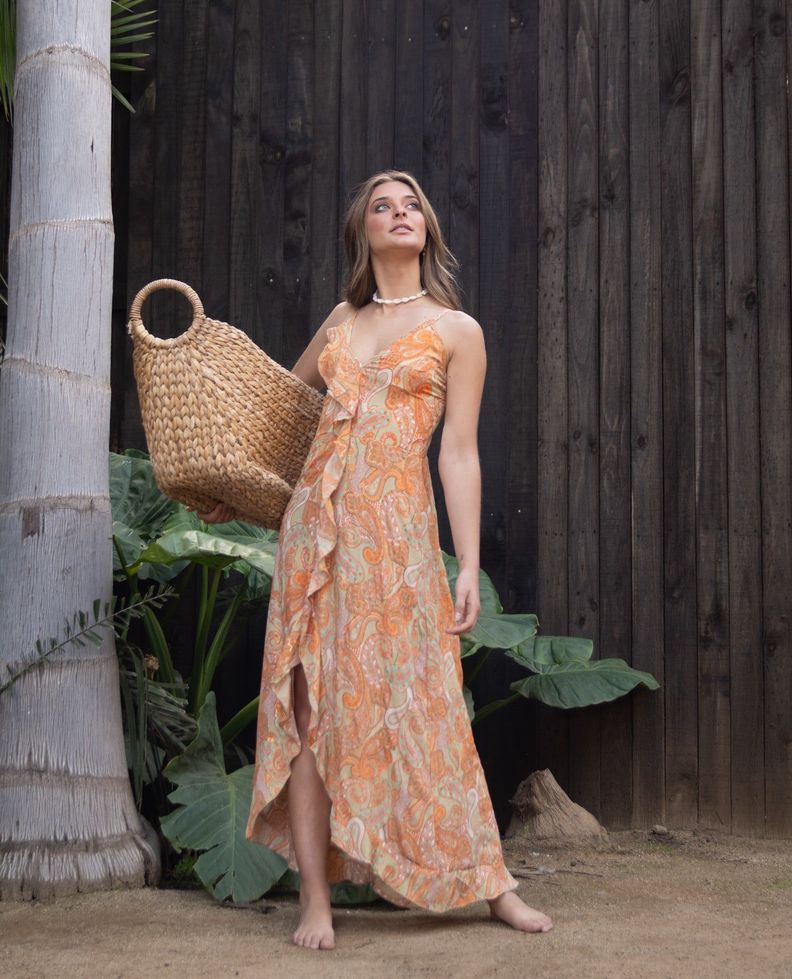 Vestido de fiesta largo Leya  naranjo turquesa talla única-1