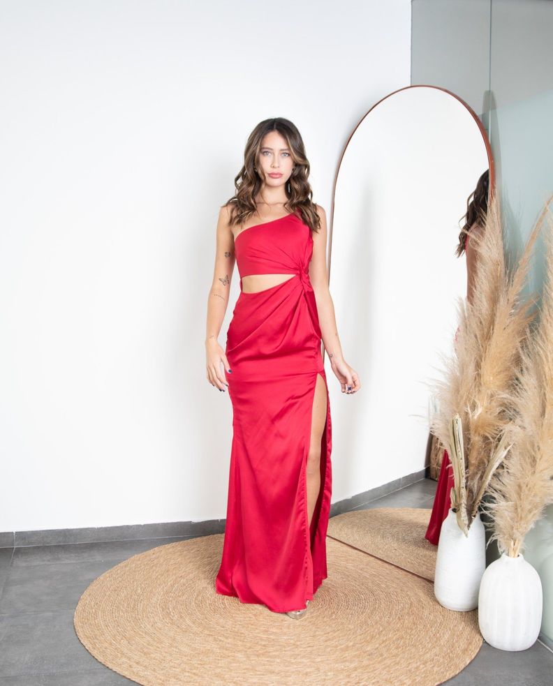 Vestido de Fiesta Leire un Hombro Rojo-0