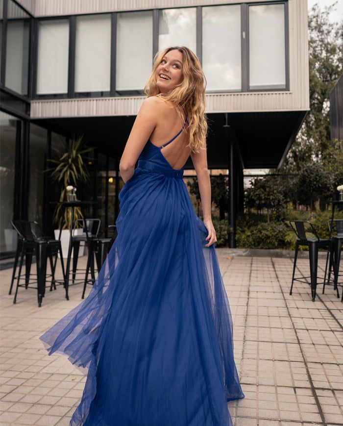 Vestido de fiesta largo Laura tul azul royal-1