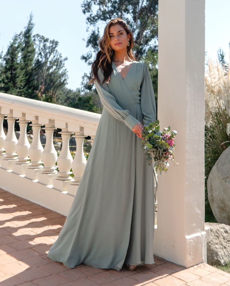 Vestido Largo Jacinta Manga Larga Verde Olivo-2