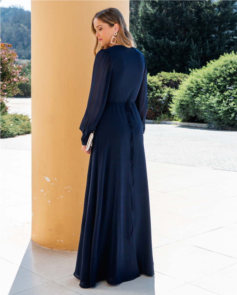 Vestido Largo Jacinta Manga Larga Azul Oscuro-1