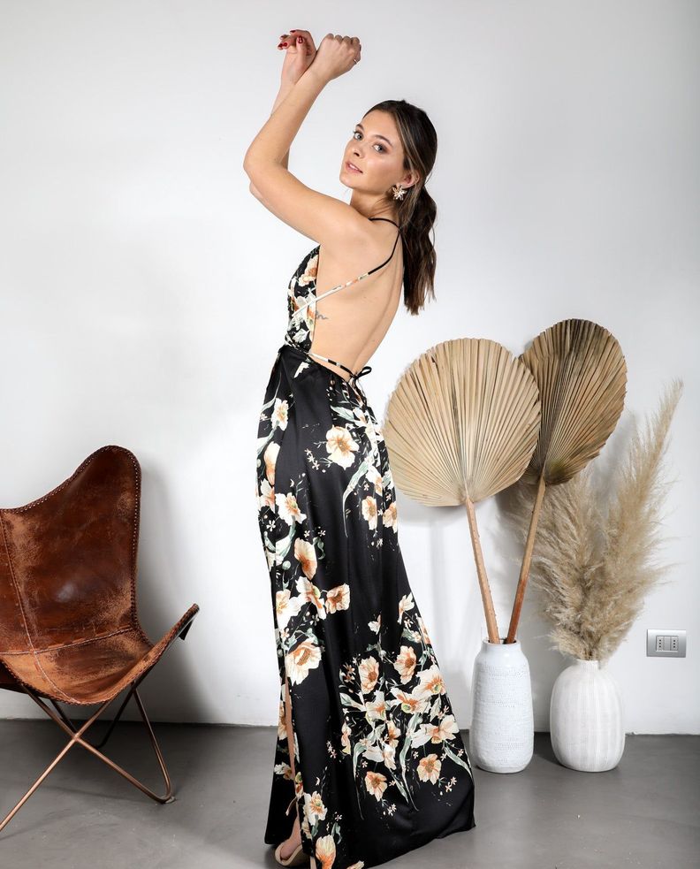 Vestido De Fiesta Largo Jacinta Estampado Negro Flores Nude-0