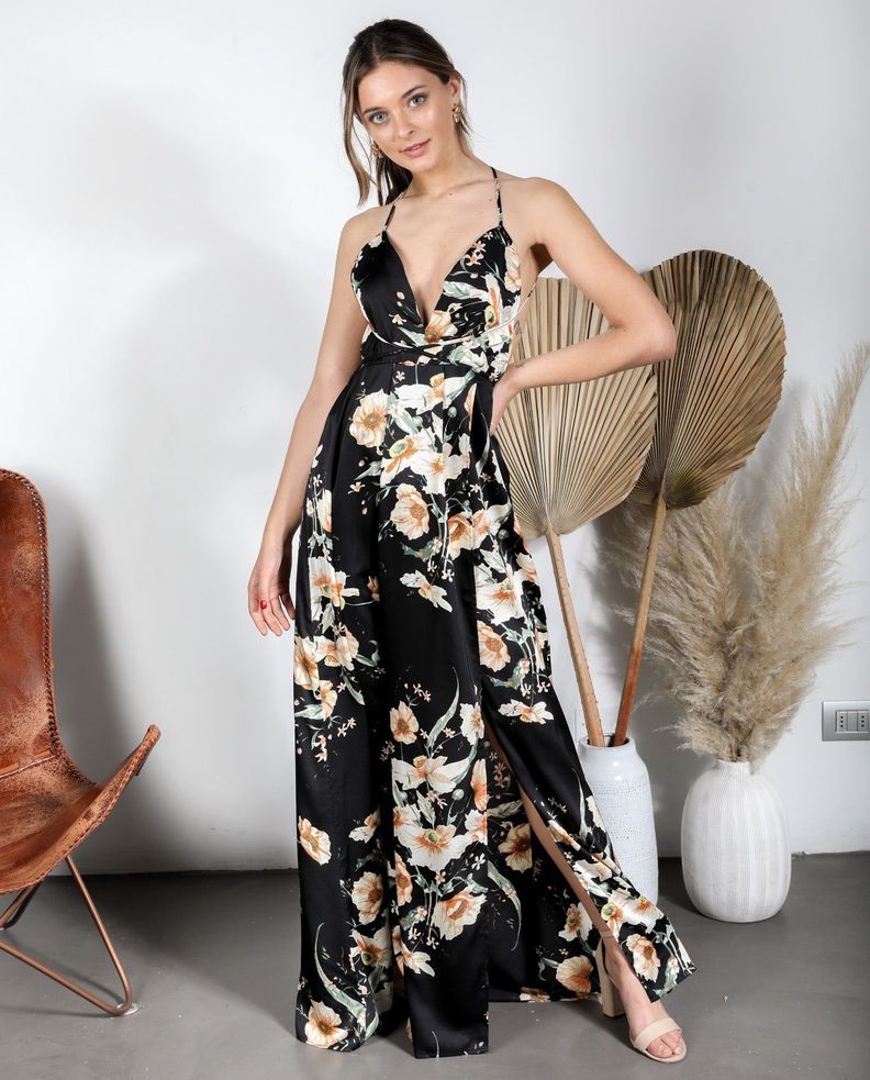 Vestido De Fiesta Largo Jacinta Estampado Negro Flores Nude-1