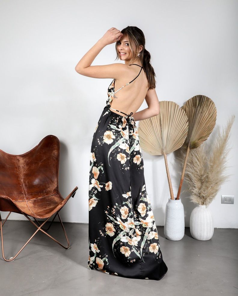 Vestido De Fiesta Largo Jacinta Estampado Negro Flores Nude-2