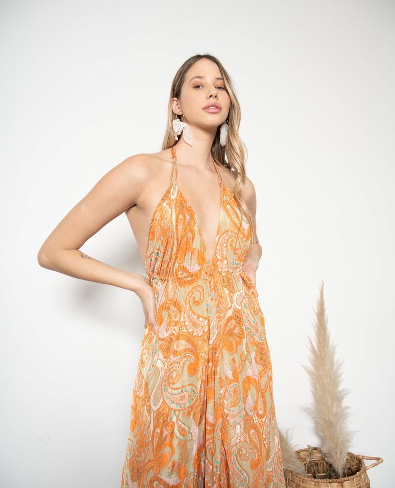Vestido de fiesta largo Maya vuelos naranjo turquesa talla única-0