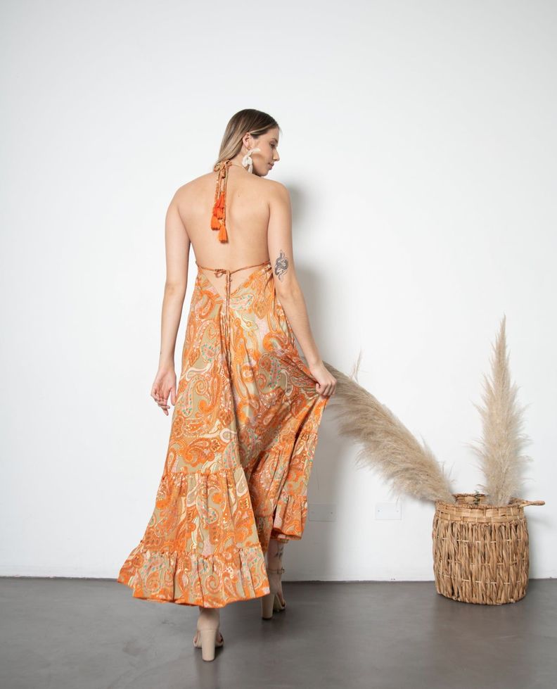 Vestido de fiesta largo Maya vuelos naranjo turquesa talla única-1