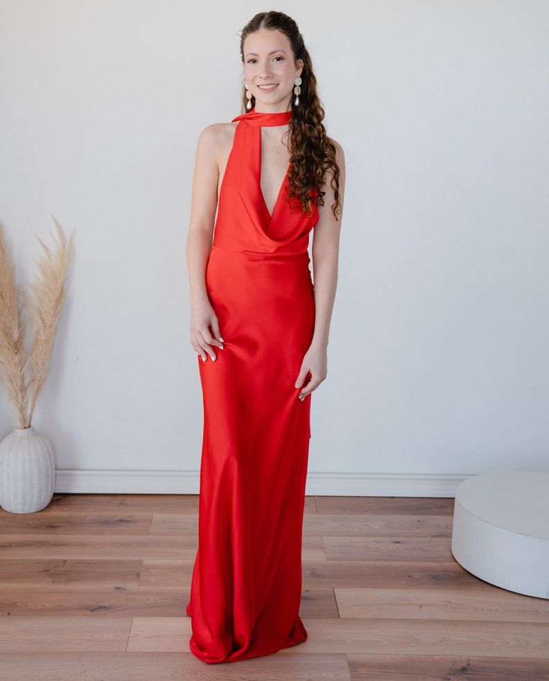 Vestido Largo de Fiesta Budapest Drapeado Rojo-2