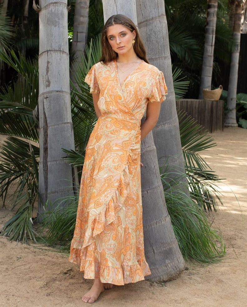 Vestido de fiesta largo Kali manga corta naranjo turquesa talla única-0