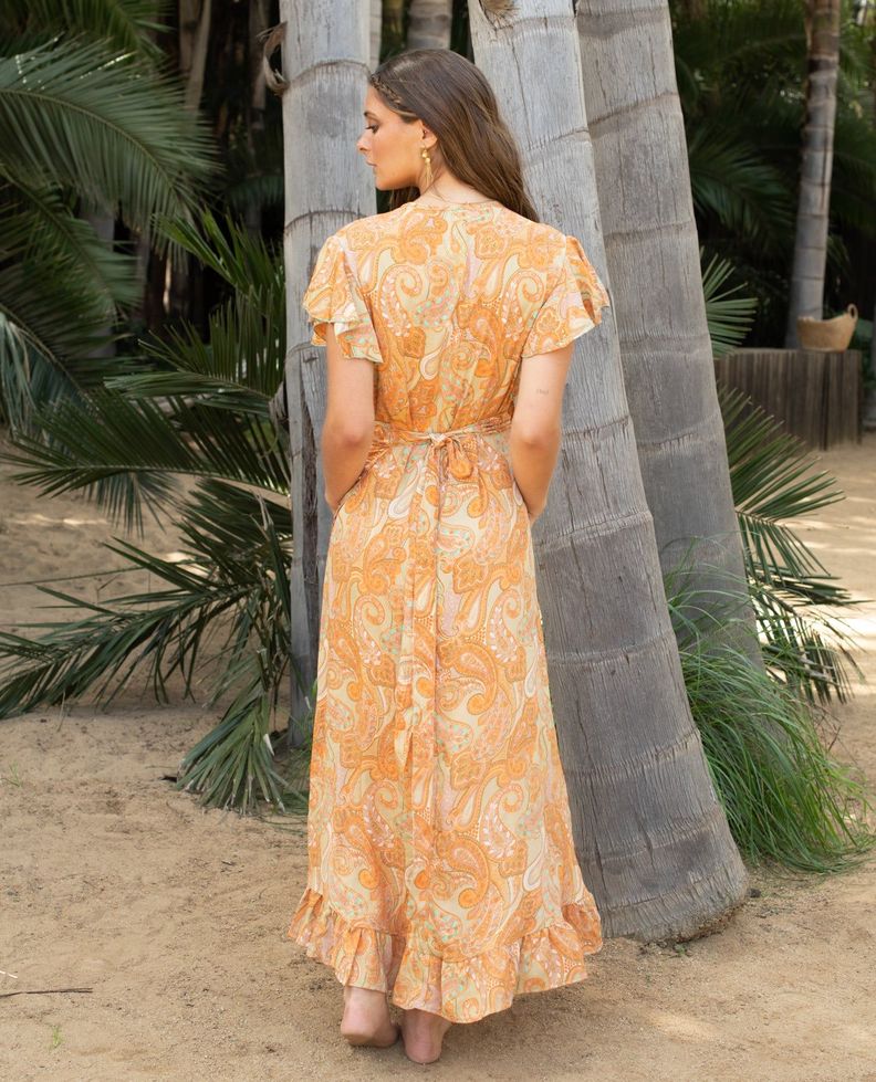 Vestido de fiesta largo Kali manga corta naranjo turquesa talla única-1