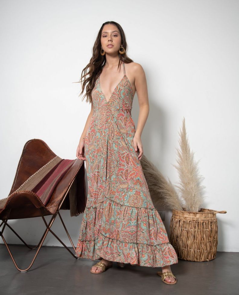 Vestido de fiesta largo Maya vuelos fucsia turquesa talla única-0