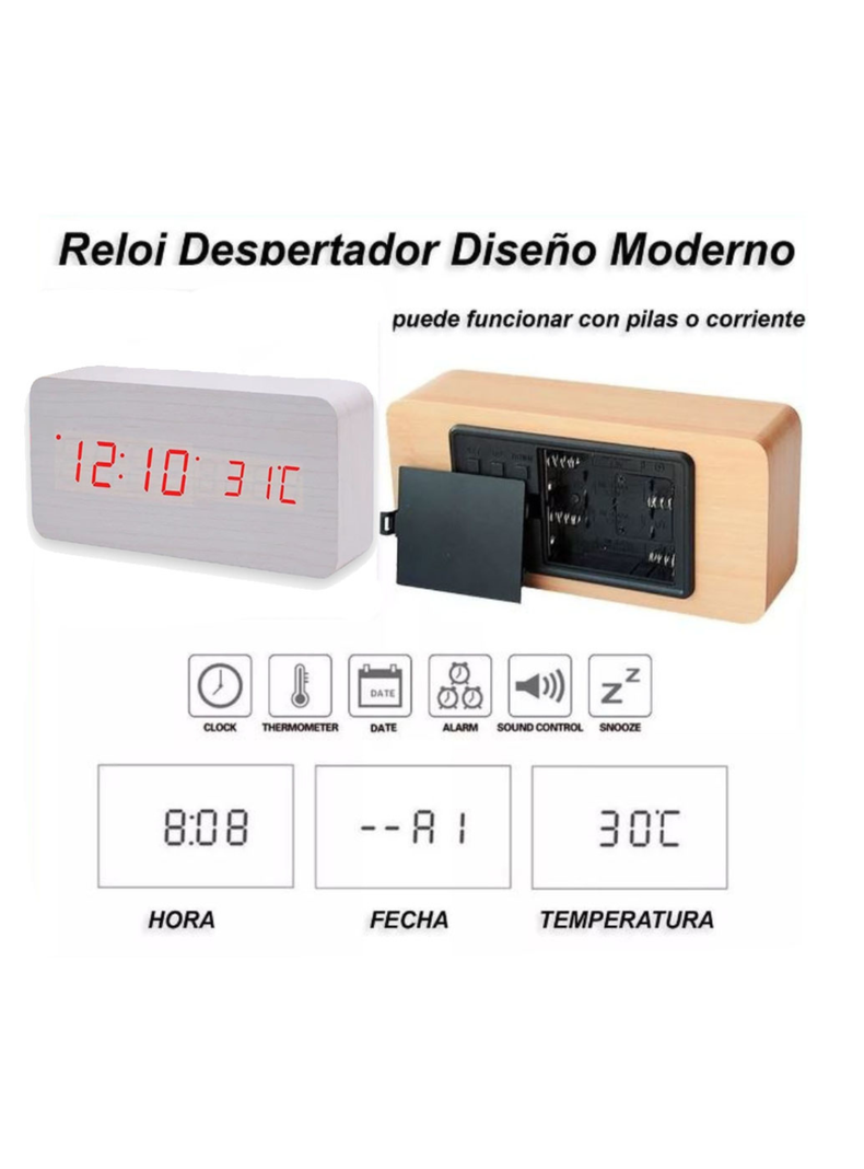 RELOJ DESPERTADOR DIGITAL MADERA LUZ LED AK82-2