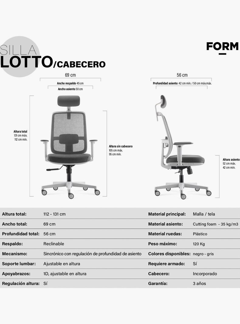 Silla Oficina Lotto con cabecero Gris Claro-5