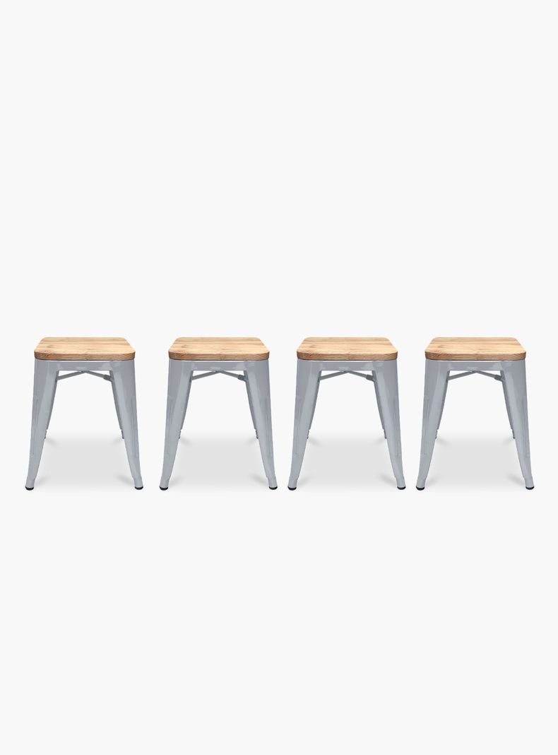 Pack 4 Pisos Tolix Asiento Madera Metal Plateado Metalico