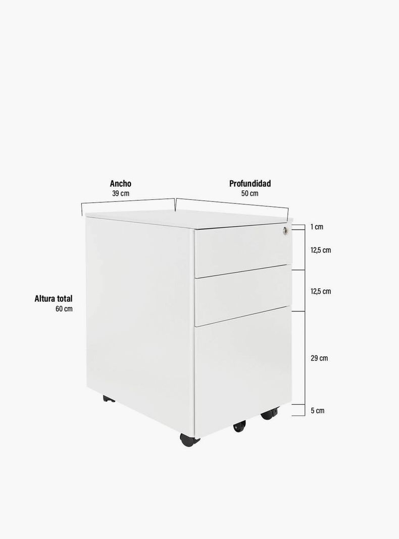 Cajonera Metálica Móvil 39x50x60 cm Blanco-3