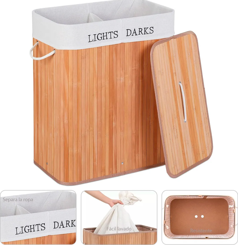 Canasto ropa bambú doble 65cm con tapa