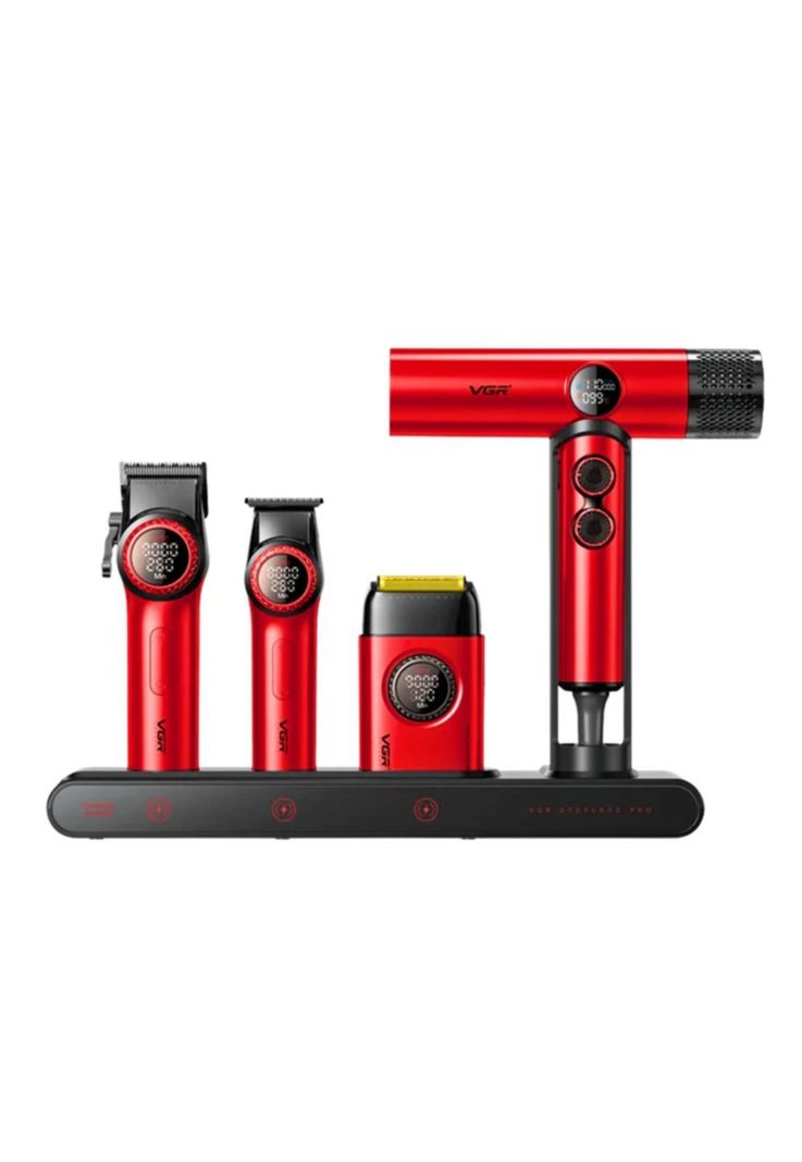 Kit Premium Barberia Maletin Clipper Trimmer Shaver Secador V-001 Rojo