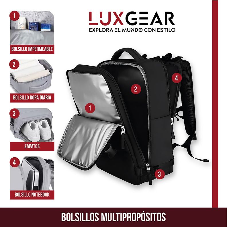 Mochila De Viaje Luxgear NomadLife Impermeable Cabina - Negro-2