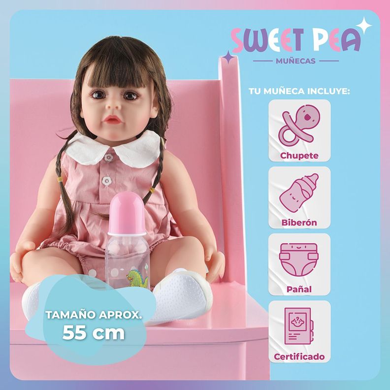 Bebe Reborn Vestido Rosado Sweet Pea Realista Silicona 55 Cm-2
