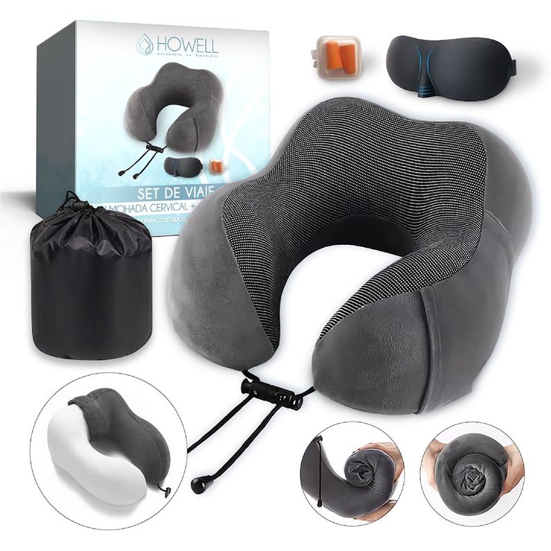 Almohada Cervical de Viaje Howell Visco Memory + Accesorios Gris