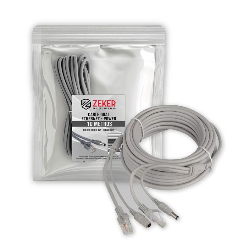 Cable Camara Seguridad Zeker Dual Extensor 10M Dc + Ethernet Gris