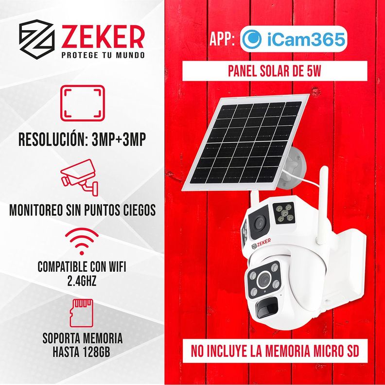 Camara De Seguridad Solar Vigilancia Doble Zeker 3MP Pack X3-1