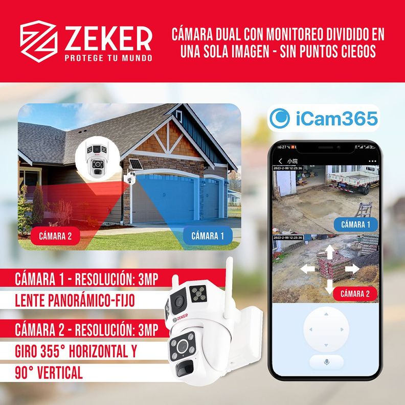 Camara De Seguridad Solar Vigilancia Doble Zeker 3MP Pack X3-2
