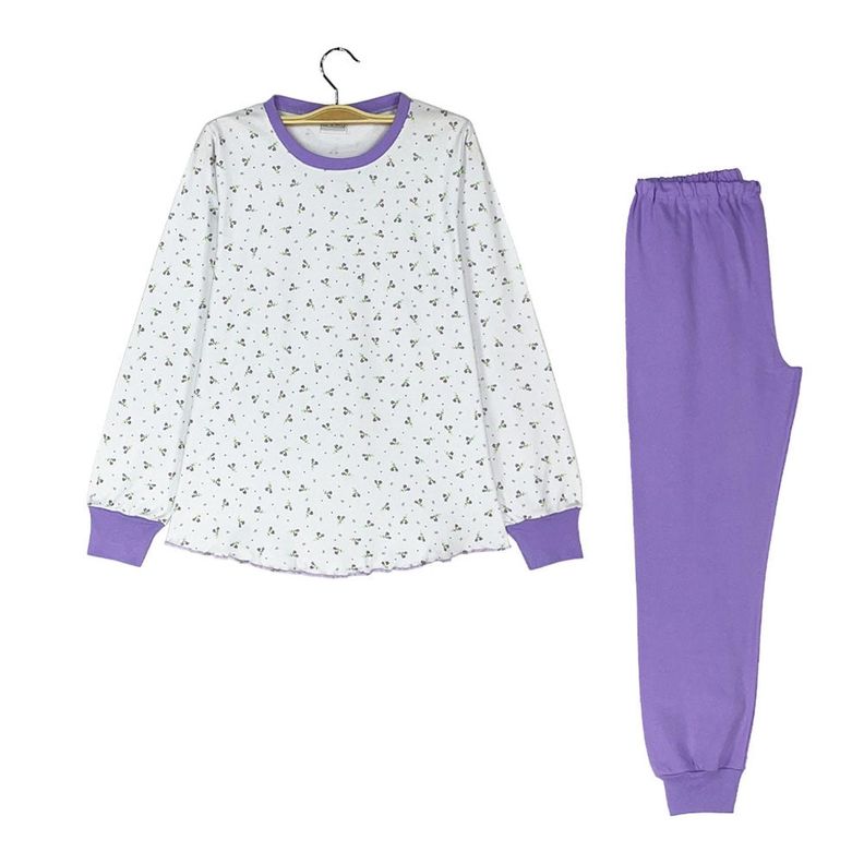 Pijama Adulto - Algodón 2 piezas largo - Florcitas Lila (Tallas S-M-L-XL)-0