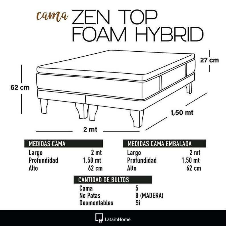 Cama Zen Top Foam Hybrid Tela Velvet Gris 2Pza-4