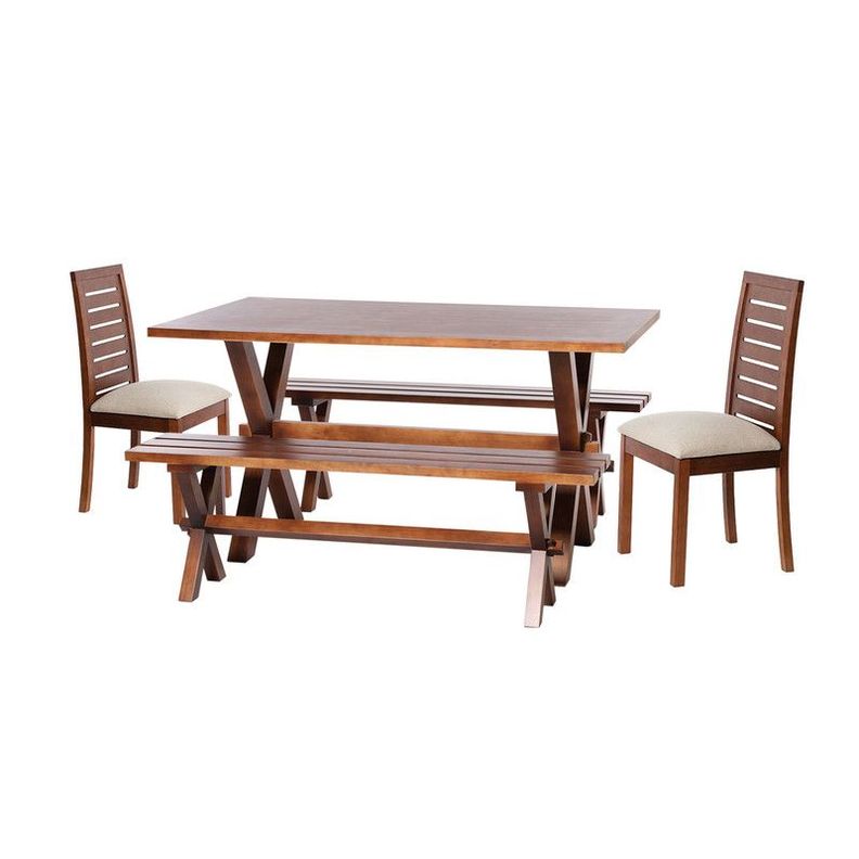 Juego De Comedor Sevilla 2 Sillas  Tenerife + 2 Bancas Tela Lino Blanco-0
