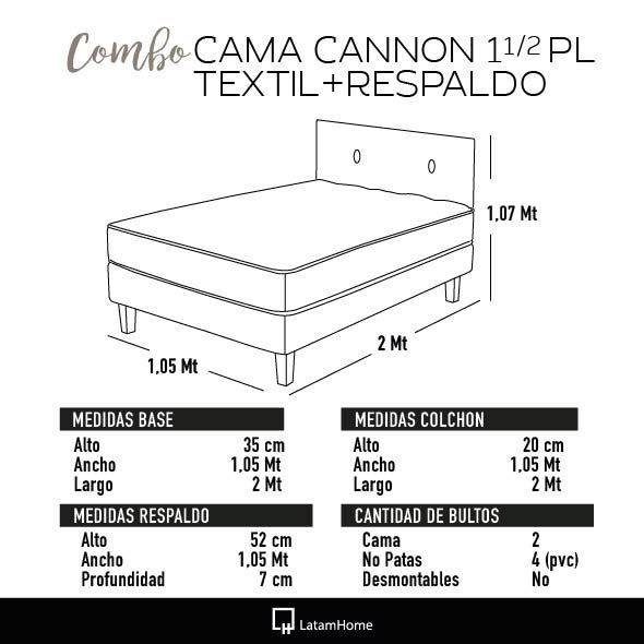 Combo Cama Cannon 1,5 Plaza Textil + Respaldo Tela Gris-3