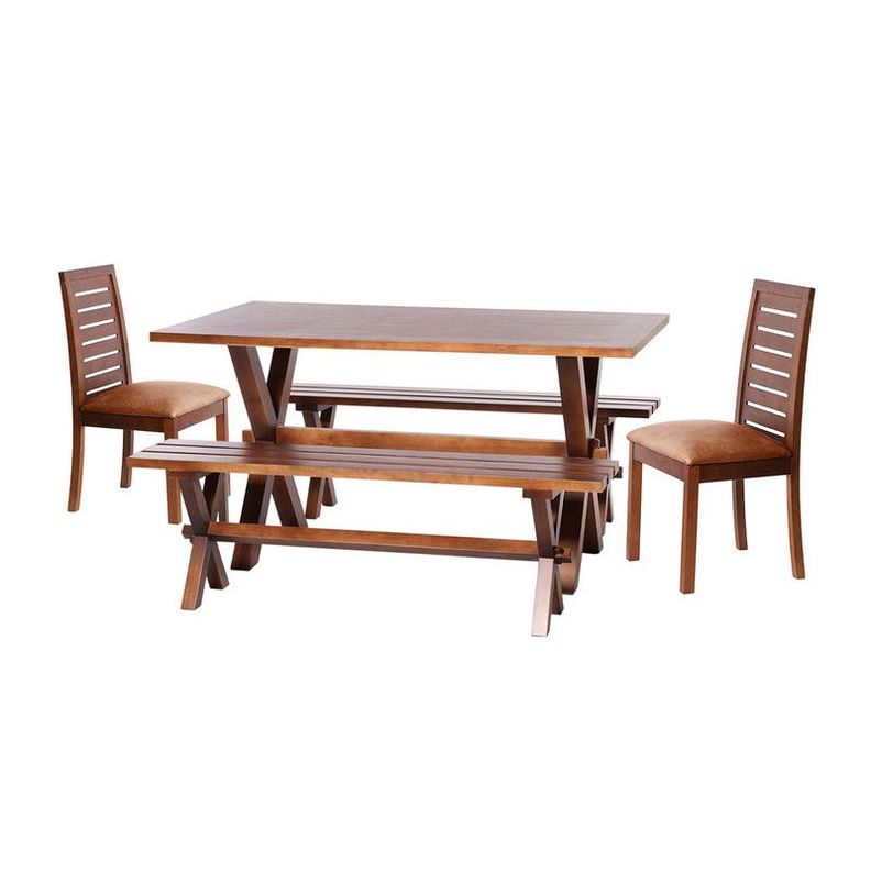 Juego De Comedor Sevilla 2 Sillas  Tenerife + 2 Bancas Cuero Kentucky Tabaco-0