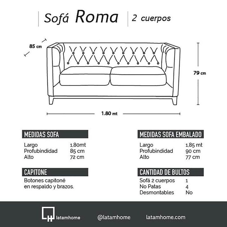 Sofa Roma 2 Cuerpos Capitoné Cuero Colorado Marron-3
