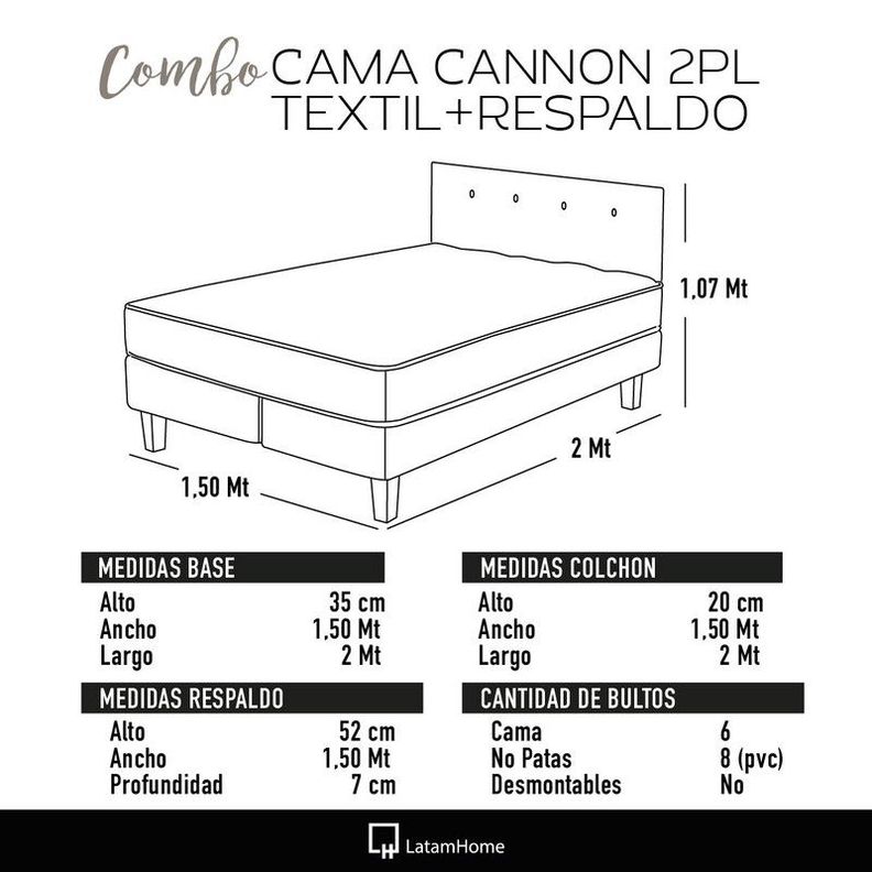 Combo Cama Cannon 2 Plazas Textil + Respaldo Tela Rosa-3
