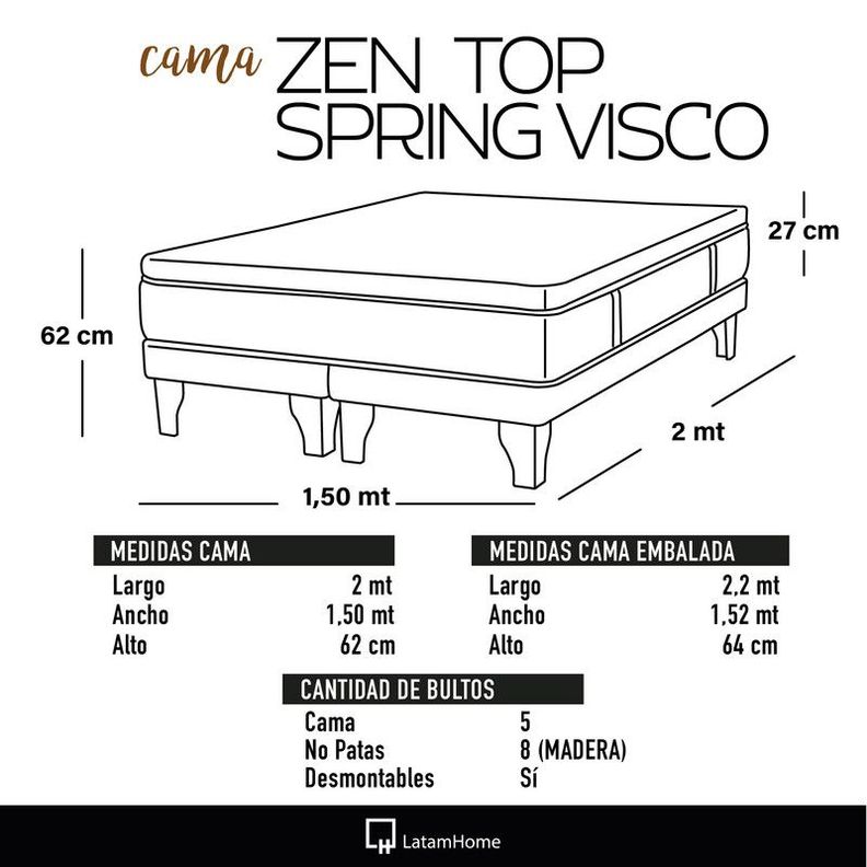 CAMA ZEN TOP SPRING  VISCO TELA BURDEO 2PZA-3